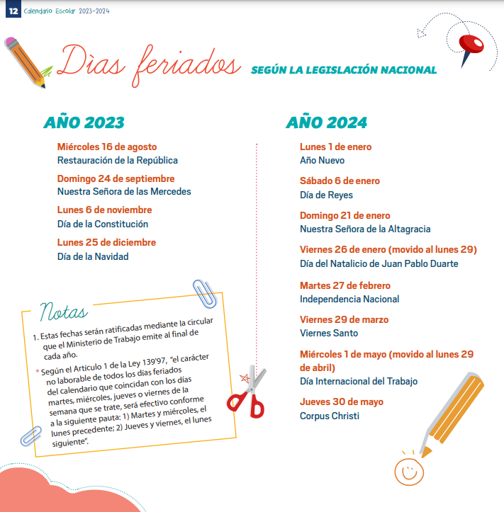 Dias Feriados del año escolar 2023-2024